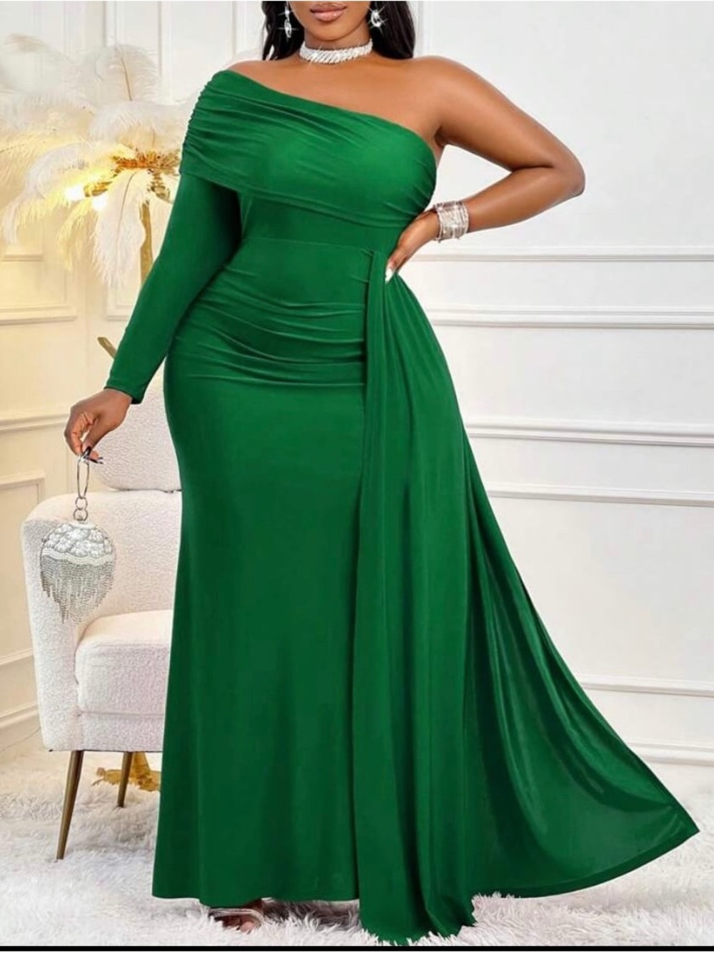 SHEIN Emerald One-Shoulder Draped Evening Gown